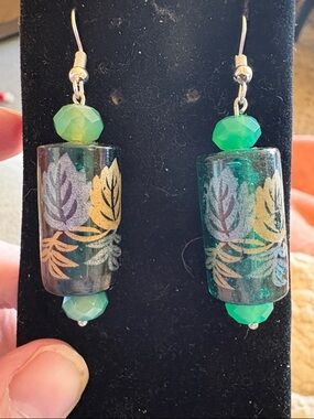 Hand Crafted Green Floral Glass Drop Earrings with Gold Leaf Motif